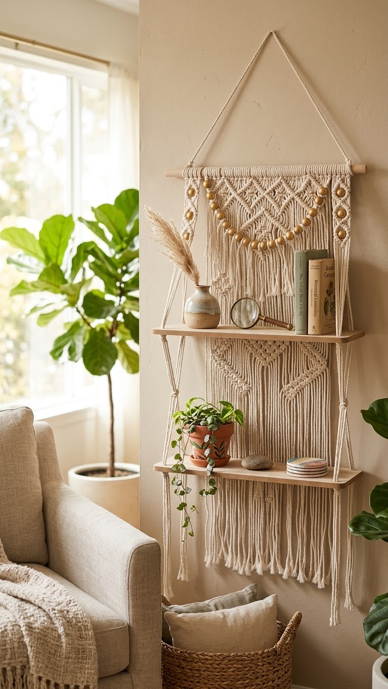 Handmade Macrame Wall Hanging Shelf with Wooden Accents