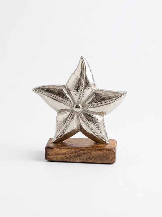Silver Metallic Starfish Tabletop Sculpture on Wooden Base