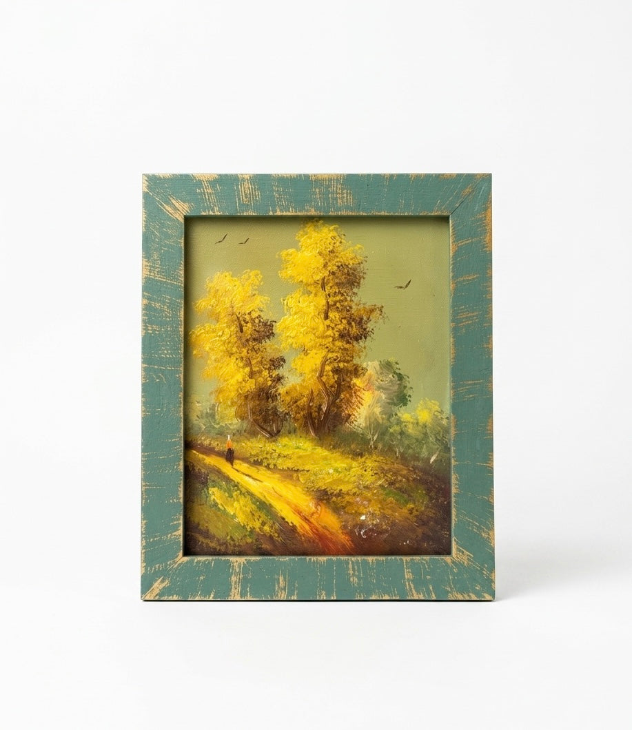 Vintage Countryside Oil Painting with Distressed Green Frame