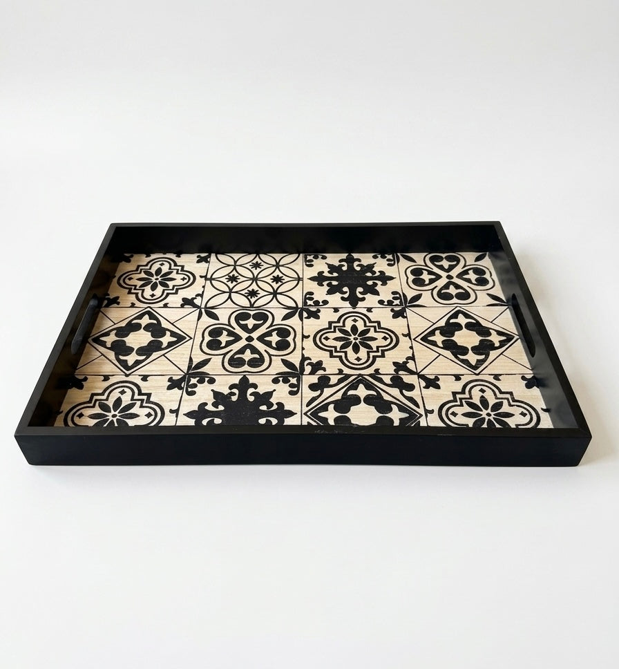 Artisan Monochrome Tiled Wooden Serving Tray