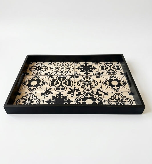 Artisan Monochrome Tiled Wooden Serving Tray