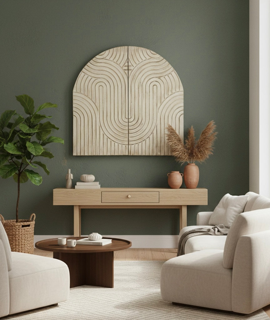 Arched Harmony: Hand-Carved Wooden Wall Art