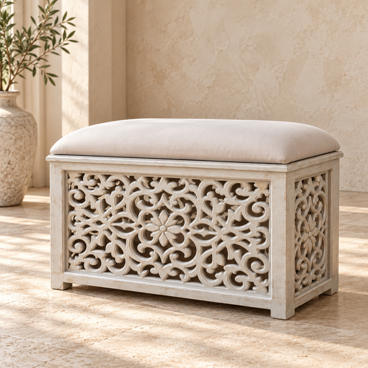 Hand-Carved Wooden Banquette with Cushioned Seat – Antique Greige