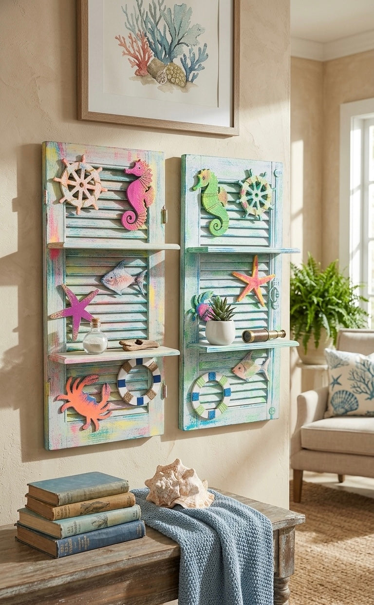 Coastal Shutter Wall Shelf with Nautical Accents