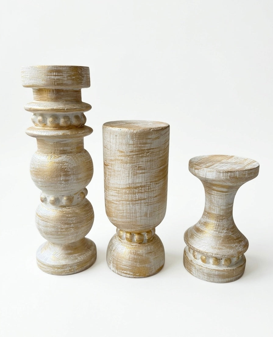 Antique  Hand-Carved Wooden Pillar Holders – Trio Set