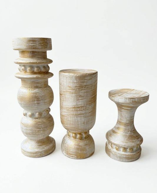 Antique  Hand-Carved Wooden Pillar Holders – Trio Set