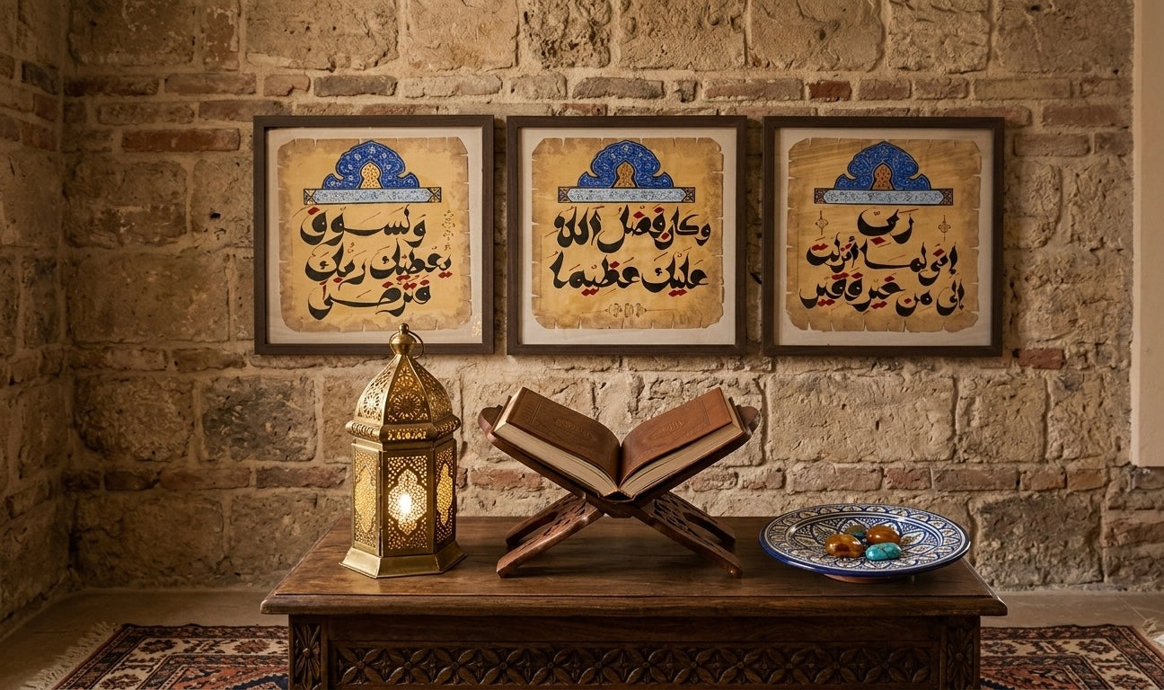 Hand-Lettered Islamic Calligraphy Trio – Set of 3 Framed Parchment Art Pieces