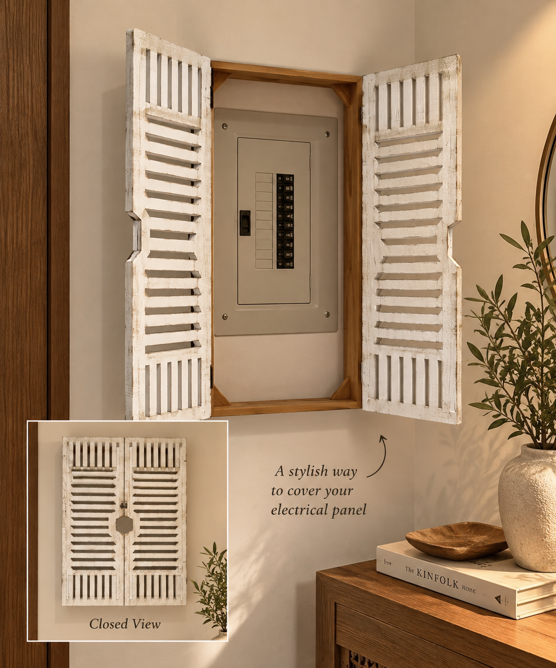 Whitewashed Wooden Shutter Electrical Panel Cover
