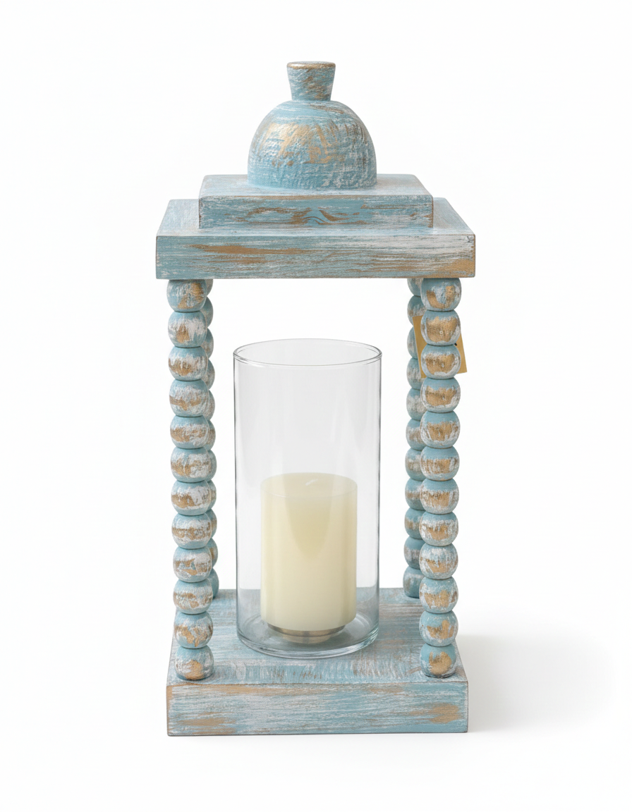 Distressed Elegance Beaded Wooden Lantern