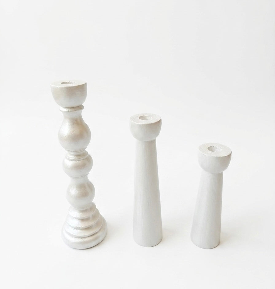 Hand-Turned Natural Pine Taper Candle Holders - Set of 3