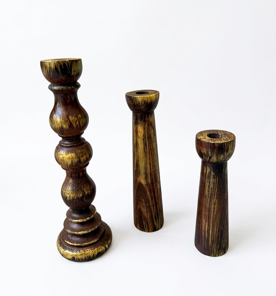 Hand-Turned Natural Pine Taper Candle Holders - Set of 3