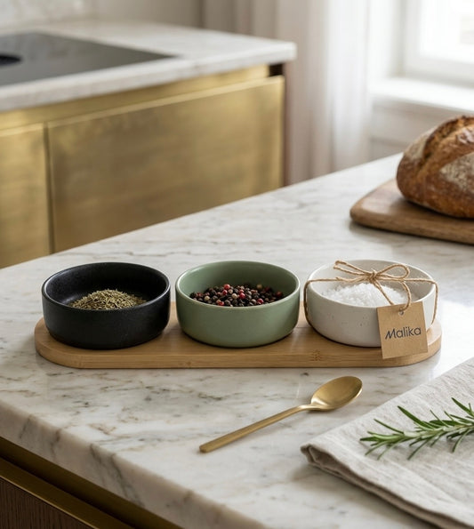 Modern Trio Ceramic Serving Set with Bamboo Tray
