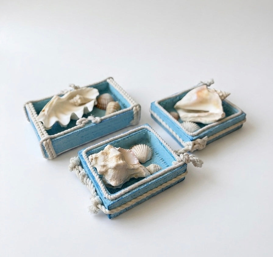 Ocean Breeze Coastal Wooden Shadow Boxes with Natural Seashells – Set of 3