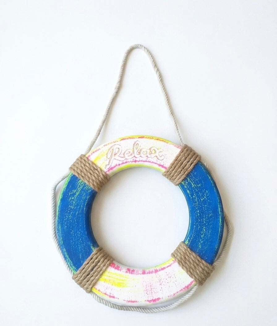 "Relax" Distressed Wooden Lifebuoy Wall Decor - 30 cm Coastal Wall Art
