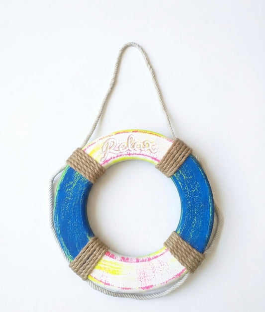 "Relax" Distressed Wooden Lifebuoy Wall Decor - 30 cm Coastal Wall Art