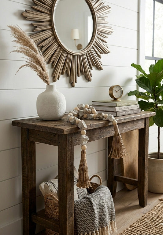 Artisan Stone & Wood Bead Garland with Jute Tassels