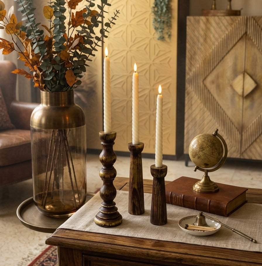 Hand-Turned Natural Pine Taper Candle Holders - Set of 3
