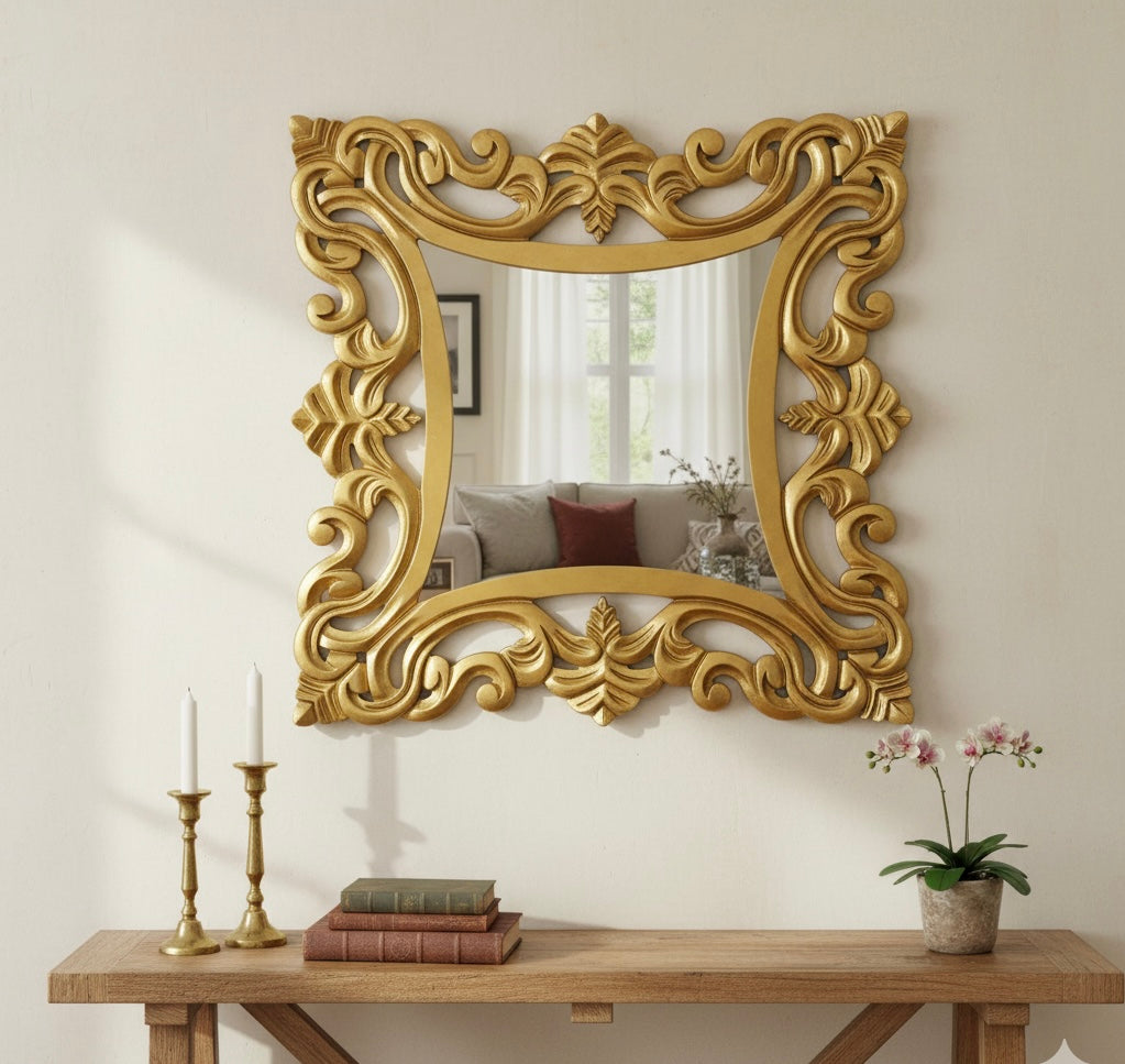 Imperial Arabesque Hand-Carved Square Mirror (80x80 cm)