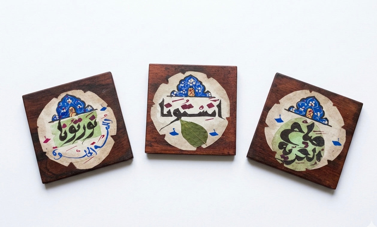 Artisanal Calligraphy Coaster Set | Hand-Finished Wood