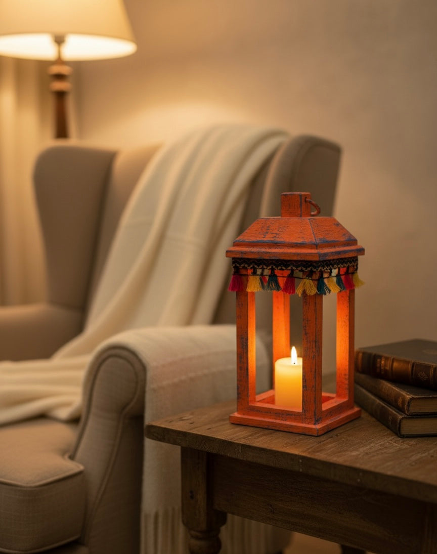Joyful Heritage Lantern – Distressed  Wood Decor with Colorful Trim