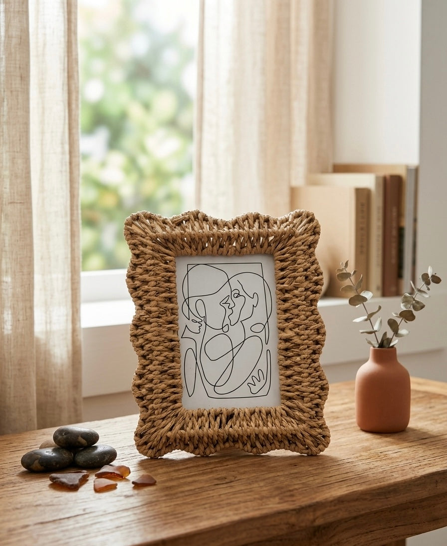 Hand-Woven Scalloped Rattan Photo Frame