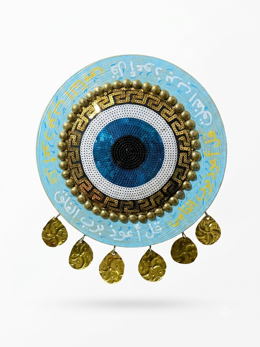 Evil Eye Wall Hanging with Arabic Calligraphy & Brass Accents