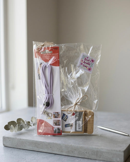 "Best Auntie Ever" Tech & Style Gift Set – Cell Phone Lanyard & Bamboo Stand