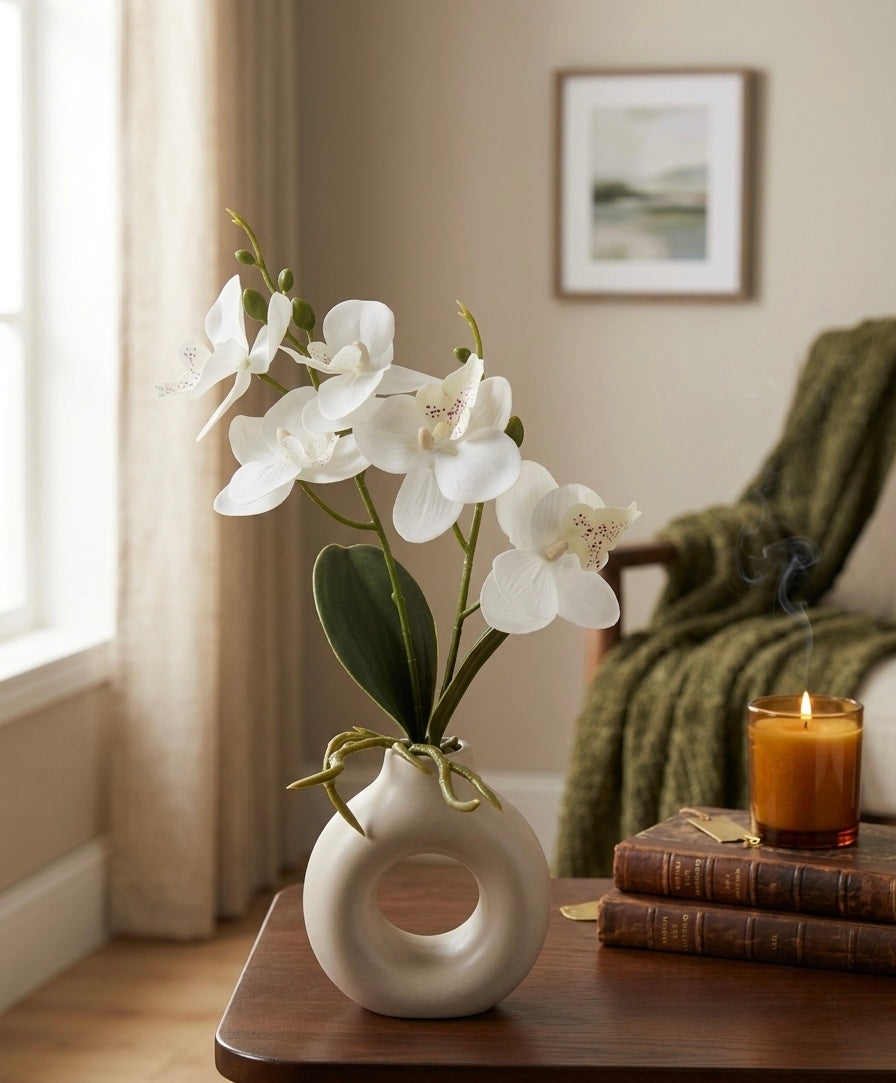 Elegant Faux White Orchid in Modern Ceramic Donut Vase