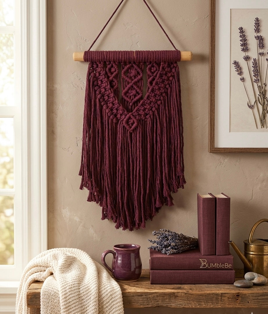 Hand-Woven Burgundy Fringe Wall Art