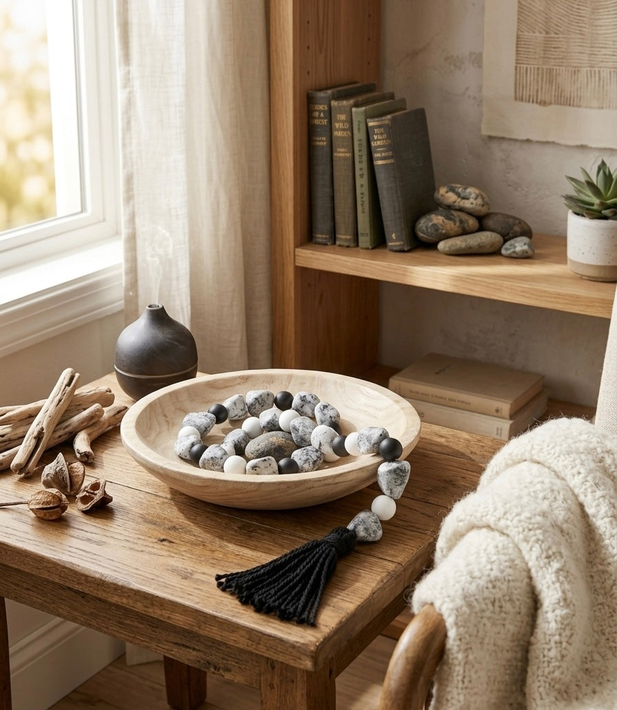 Artisan Stone & Wood Bead Garland with Jute Tassels