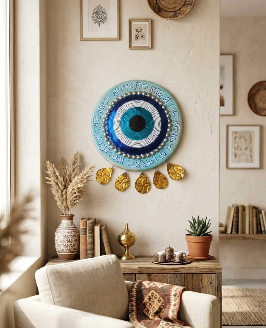 Evil Eye Wall Hanging with Arabic Calligraphy & Brass Accents
