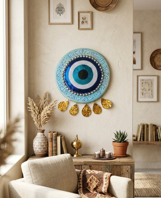 Evil Eye Wall Hanging with Arabic Calligraphy & Brass Accents