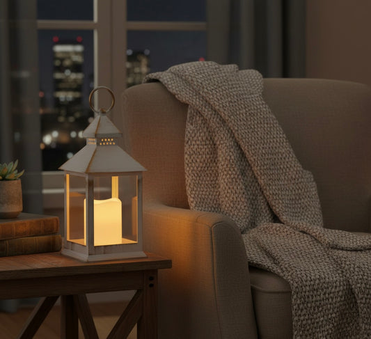 Artisan White & Grey Lantern with LED Candle