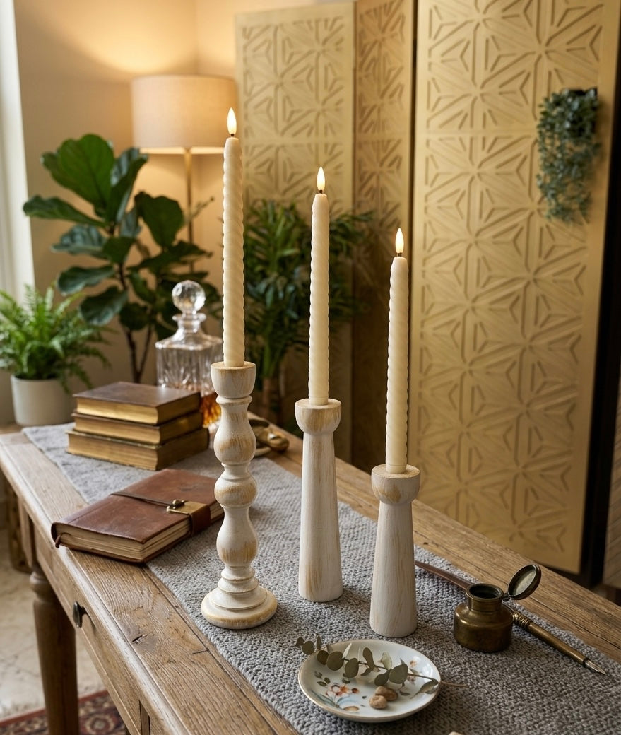 Hand-Turned Natural Pine Taper Candle Holders - Set of 3