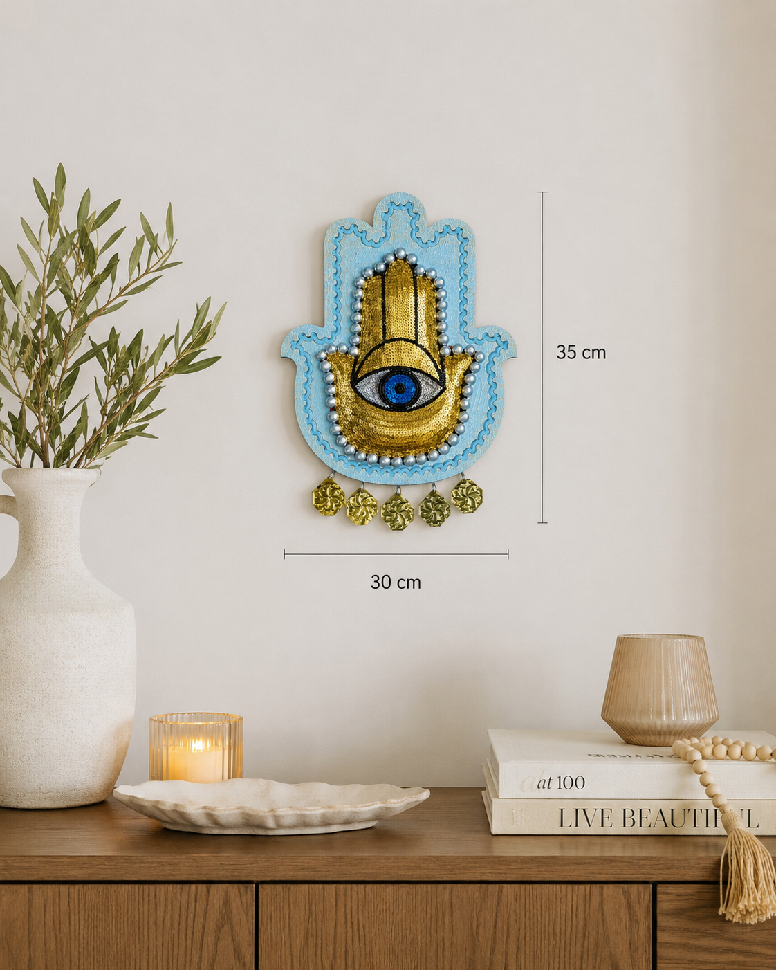 Handcrafted Hamsa Hand Wooden Wall Art – Sequined Evil Eye & Brass Charms (30x35 cm)