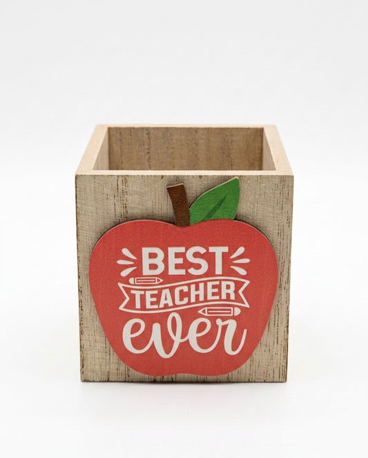 Handcrafted Wooden Apple Desk Organizer – "Best Teacher Ever" & "#1 Teacher" Designs