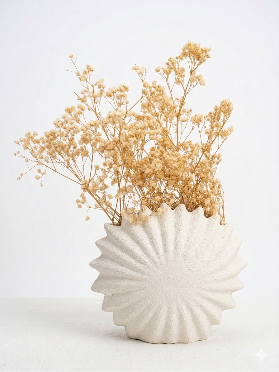 Radiant Shell Pottery Vase with Preserved Ruscus