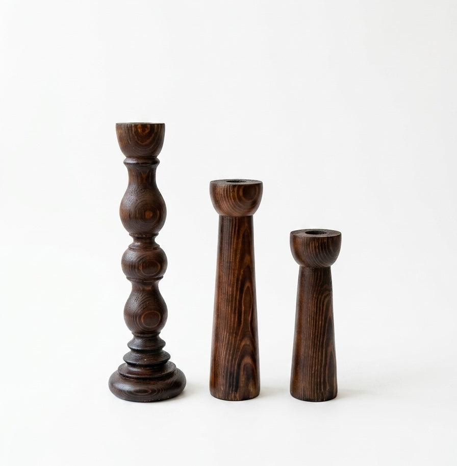 Hand-Turned Natural Pine Taper Candle Holders - Set of 3