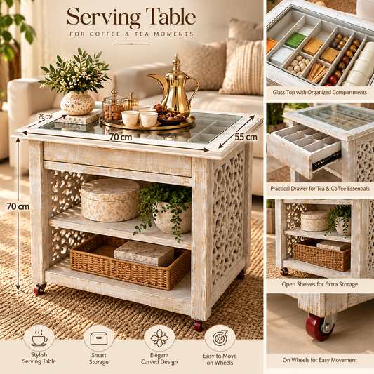 Wooden Coffee & Tea Serving Table with Glass Top & Storage Drawers  