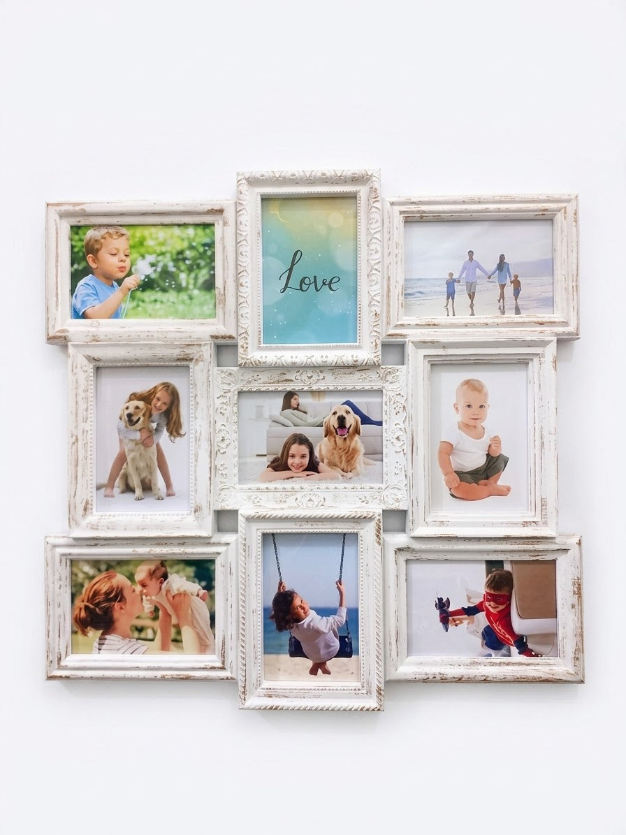 Vintage Distressed White 9-Opening Collage Picture Frame (53 x 53 cm)