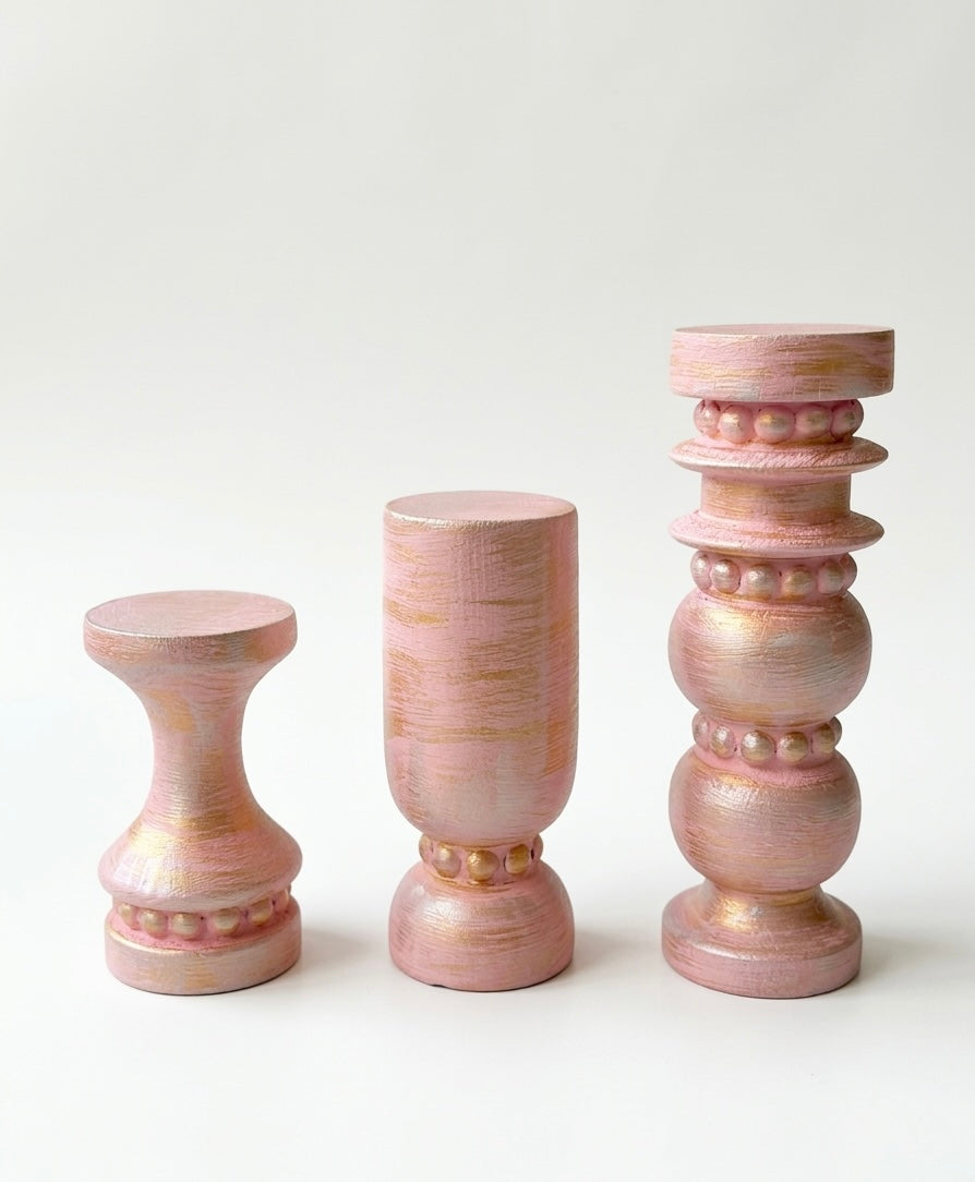 Antique  Hand-Carved Wooden Pillar Holders – Trio Set