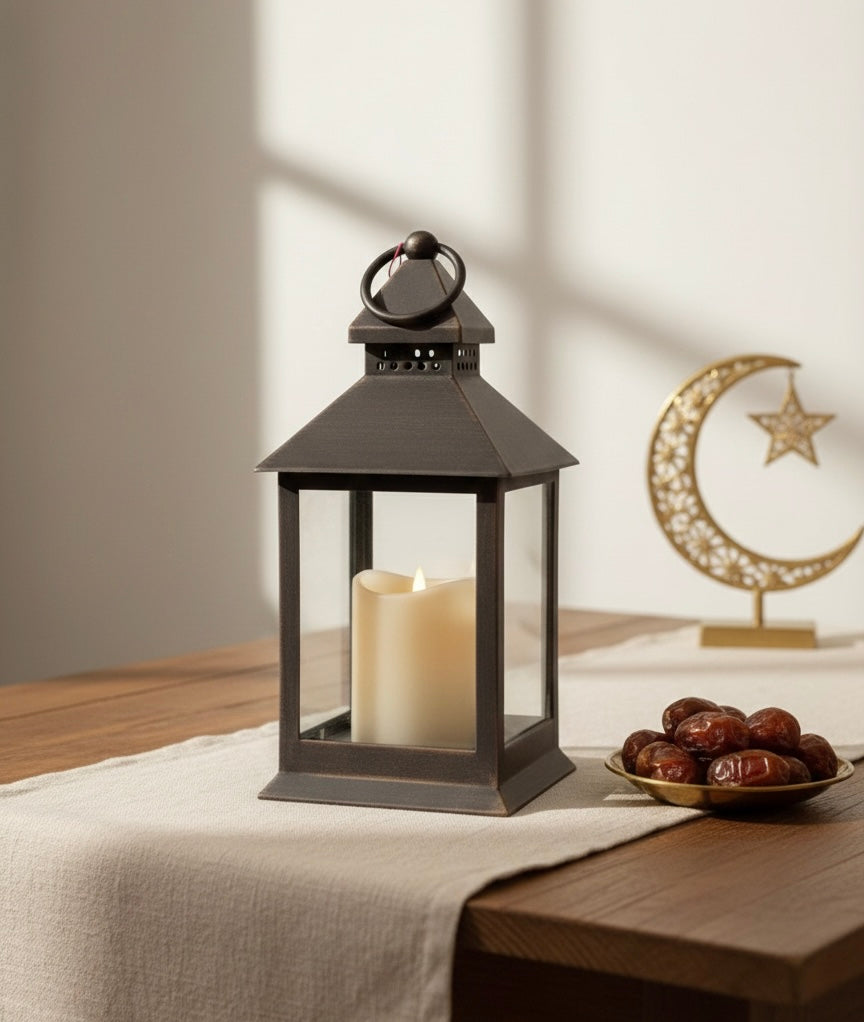 Artisan White & Grey Lantern with LED Candle