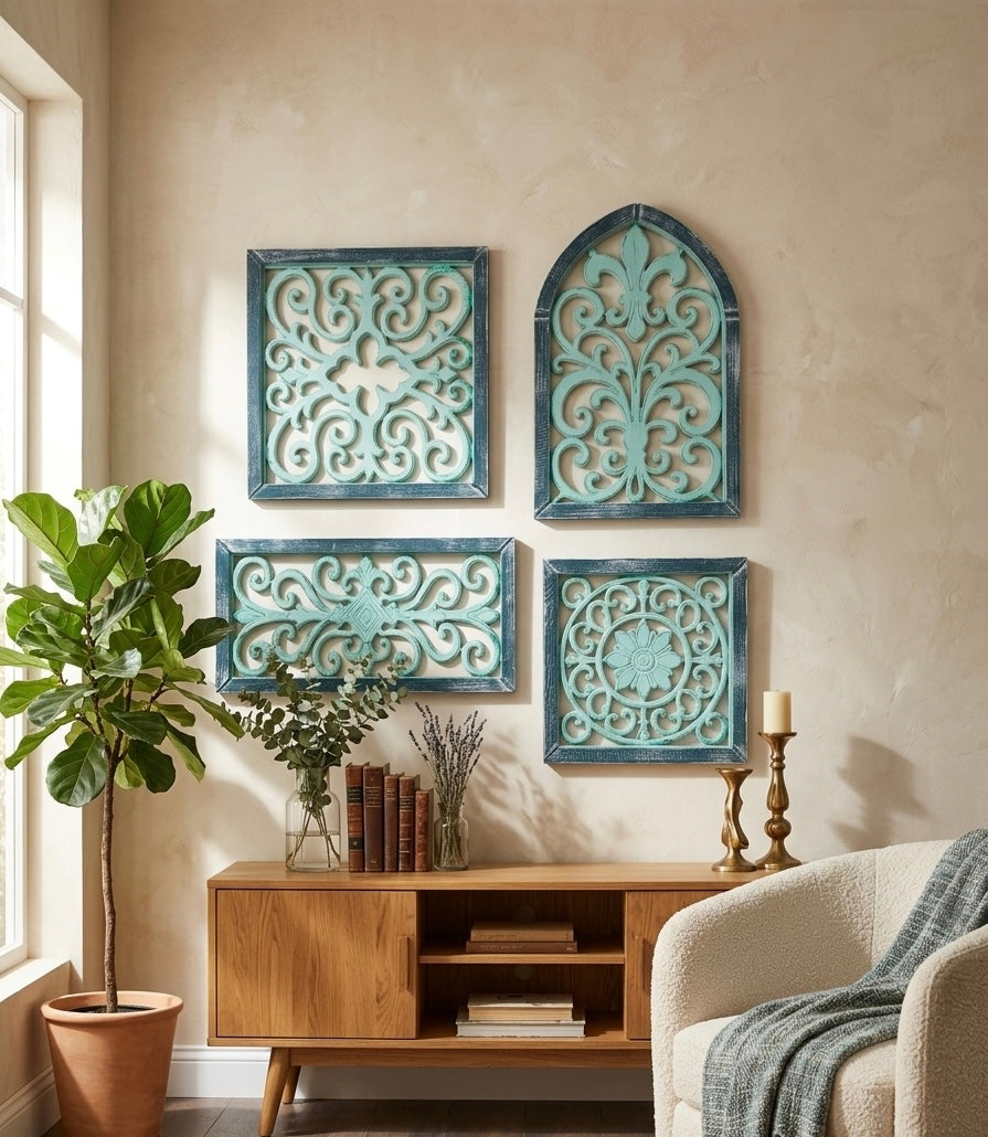 Hand-Carved Wooden Scrollwork Wall Art Set of 4