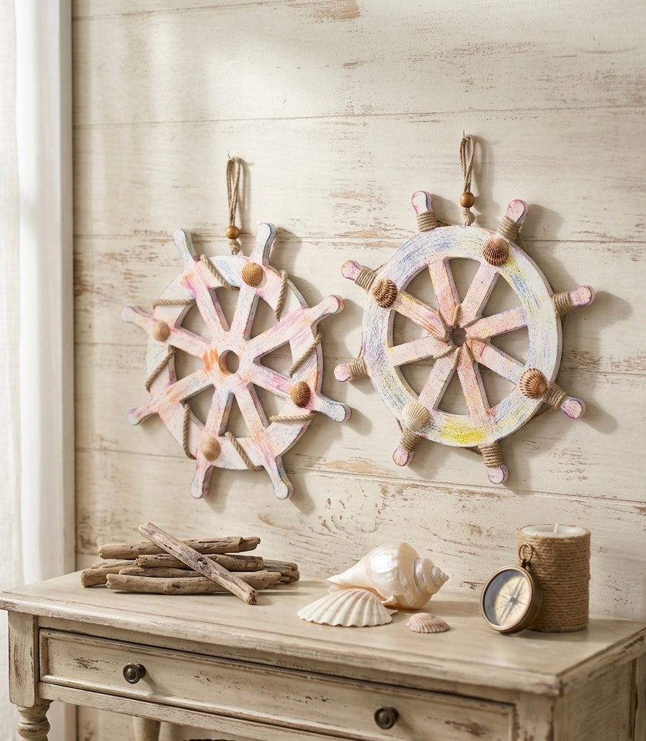 Ship Wheel Wall Decor with Real Sea Shells 