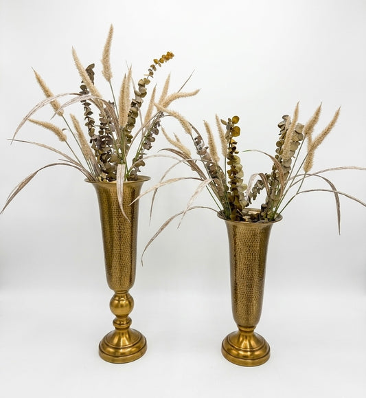 Hand-Hammered Metal Trumpet Vase Set with Natural Botanicals