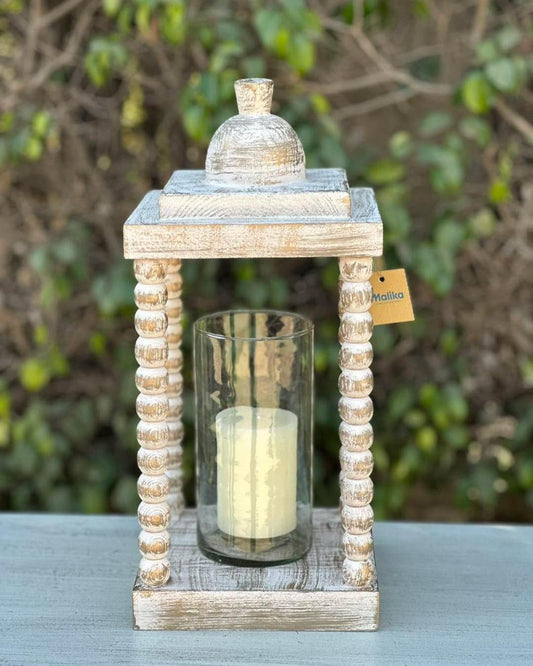 Distressed Elegance Beaded Wooden Lantern