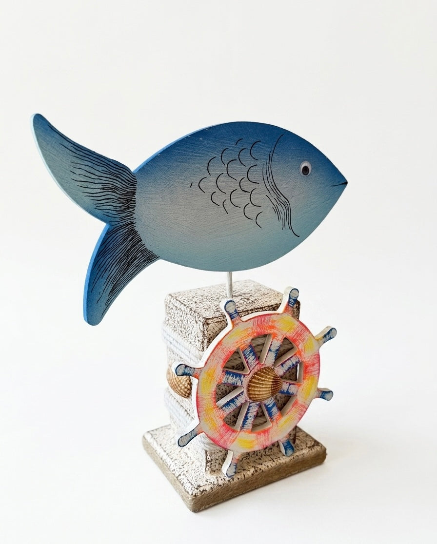 Handcrafted Coastal Fish Sculpture on Stand – Nautical Tabletop Accent