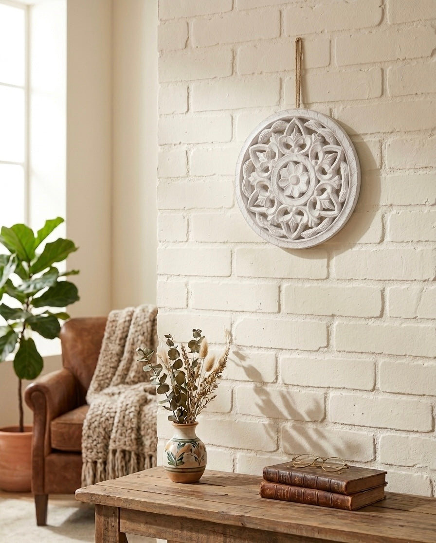 Hand-Carved Distressed White Wall Medallion