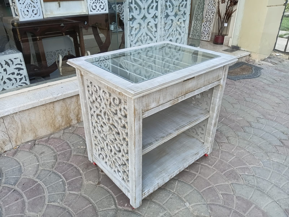 Wooden Coffee & Tea Serving Table with Glass Top & Storage Drawers  