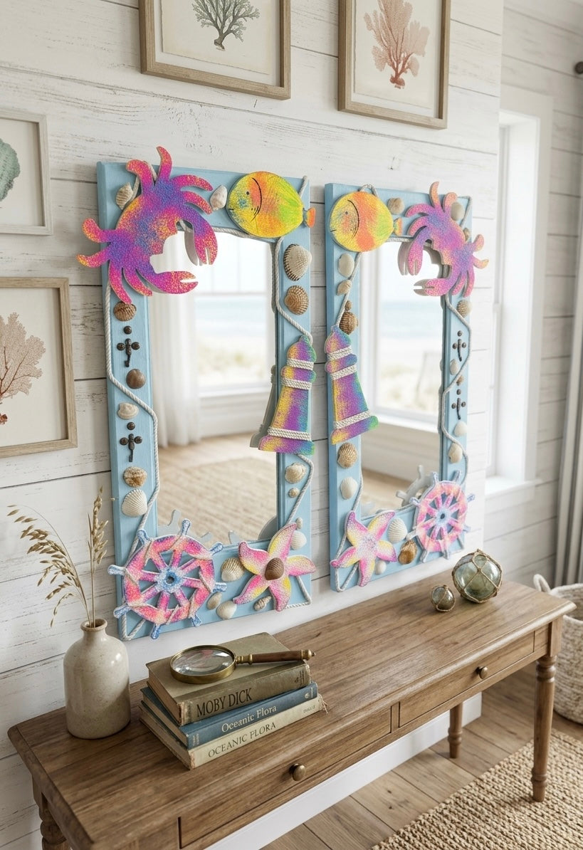 Coastal Breeze Nautical Mirror with Sea-Life Accents (70x35 cm)